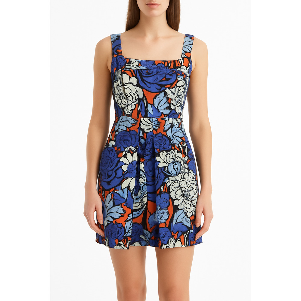 Topshop Retro Floral Square Neck Mini Dress Size 4 Blue Orange - Picture 2 of 6